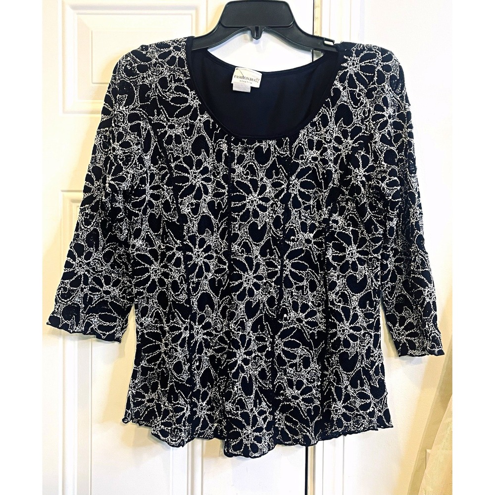 Vintage 90s Fashion Bug Black White Metallic Silver Lace Top L Whimsigoth Y2K